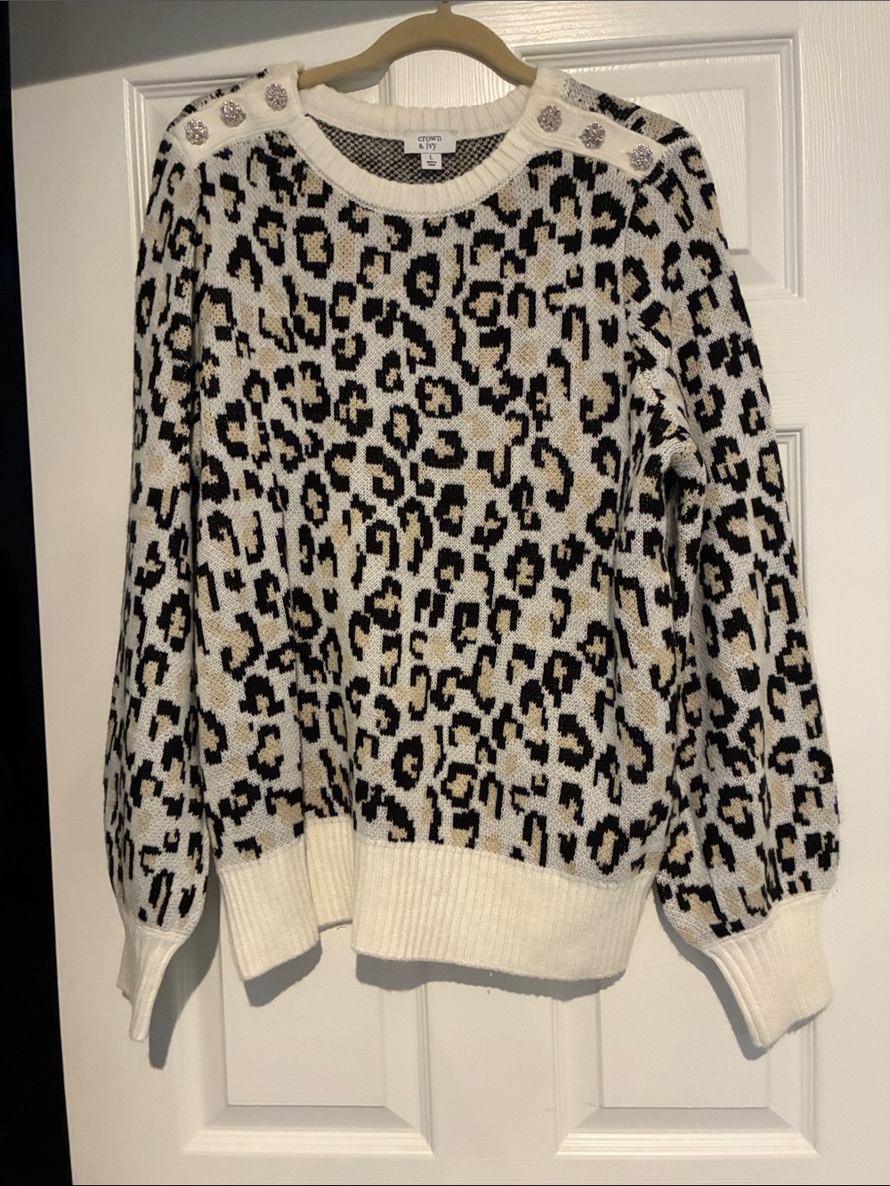 crown & ivy Cream Leopard Print Crewneck Sweater with Shoulder Buttons